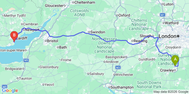 Map: London Gatwick Airport (LGW) to Penarth
