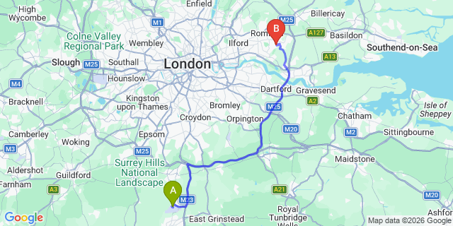 Map: London Gatwick Airport (LGW) to RM12 Hornchurch
