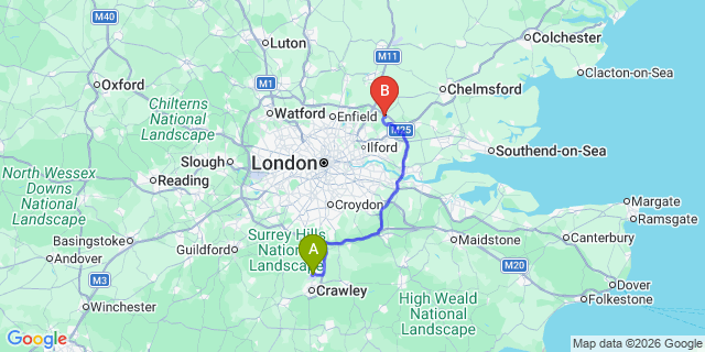 Map: London Gatwick Airport (LGW) to RM4 Romford