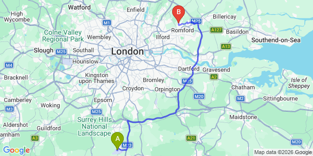 Map: London Gatwick Airport (LGW) to RM5 Romford