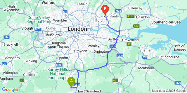 Map: London Gatwick Airport (LGW) to RM6 Romford