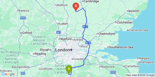 Map: London Gatwick Airport (LGW) to Royston