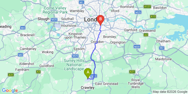 Map: London Gatwick Airport (LGW) to SE15 Peckham
