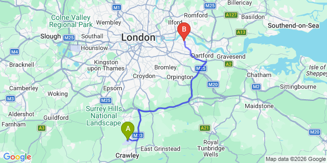 Map: London Gatwick Airport (LGW) to SE2 Abbey Wood