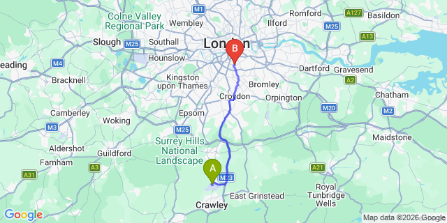 Map: London Gatwick Airport (LGW) to SE24 Herne Hill