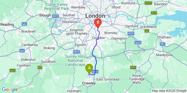 Map: London Gatwick Airport (LGW) to SE27 West Norwood