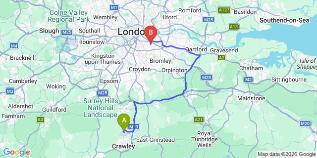 Map: London Gatwick Airport (LGW) to SE4 Brockley