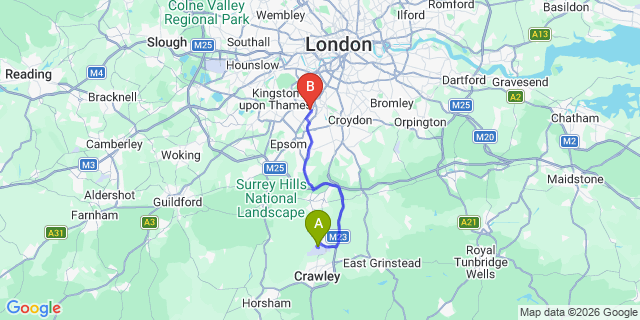 Map: London Gatwick Airport (LGW) to SM4 Morden