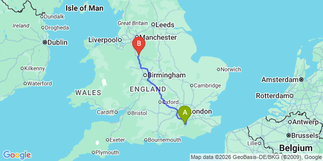 Map: London Gatwick Airport (LGW) to Stoke-On-Trent