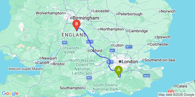 Map: London Gatwick Airport (LGW) to Stratford-Upon-Avon