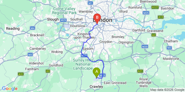 Map: London Gatwick Airport (LGW) to SW10 West Brompton