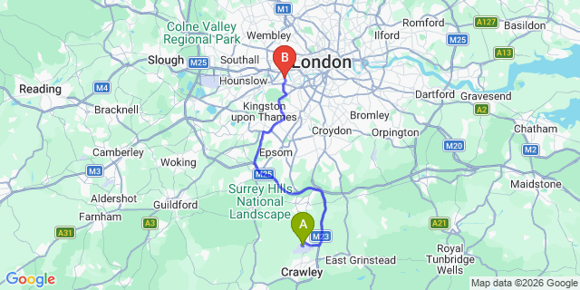 Map: London Gatwick Airport (LGW) to SW13 Barnes