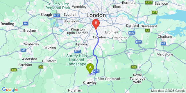 Map: London Gatwick Airport (LGW) to SW16 Streatham