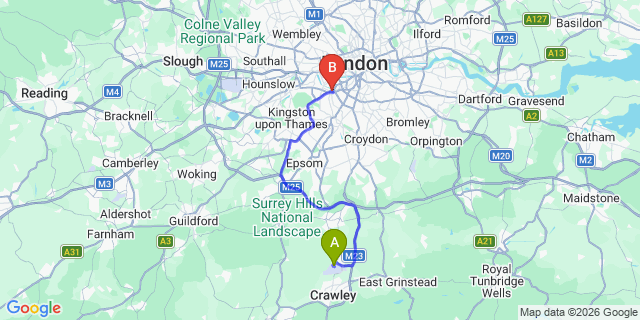 Map: London Gatwick Airport (LGW) to SW18 Wandsworth