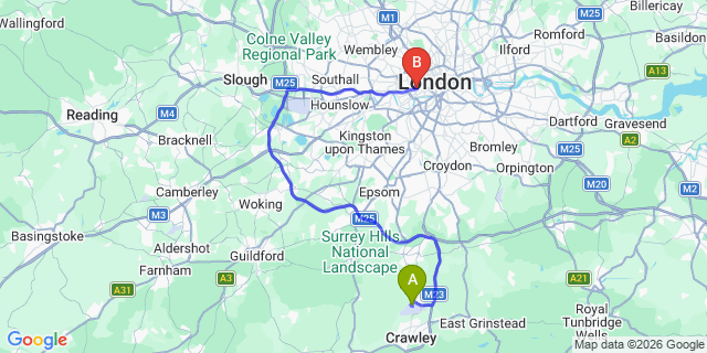 Map: London Gatwick Airport (LGW) to SW7 South Kensington