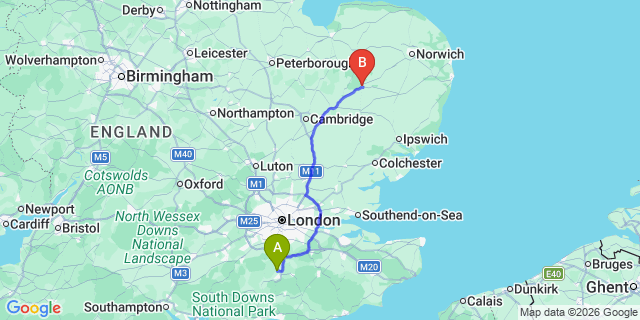 Map: London Gatwick Airport (LGW) to Thetford