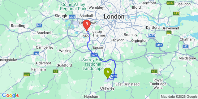Map: London Gatwick Airport (LGW) to TW12 Hampton