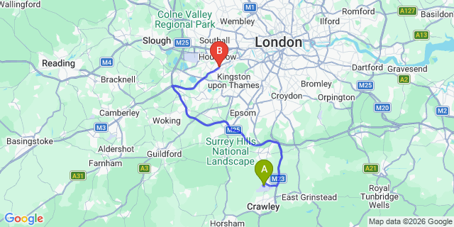 Map: London Gatwick Airport (LGW) to TW2 Twickenham