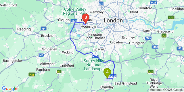 Map: London Gatwick Airport (LGW) to TW5 Hounslow