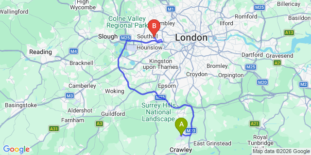 Map: London Gatwick Airport (LGW) to W7 Hanwell