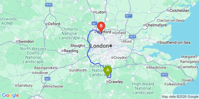 Map: London Gatwick Airport (LGW) to WD6 Borehamwood