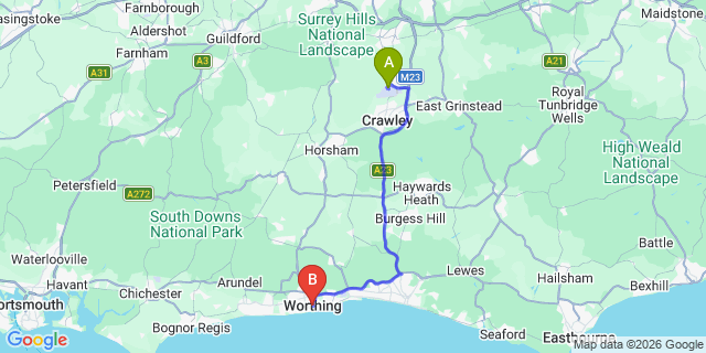 Map: London Gatwick Airport (LGW) to Worthing