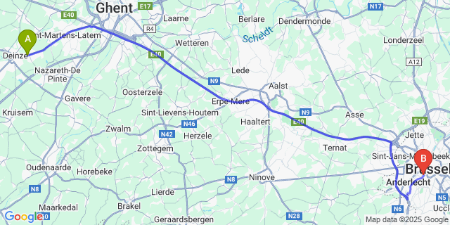Map: Brussels Midi Train Station to Astene