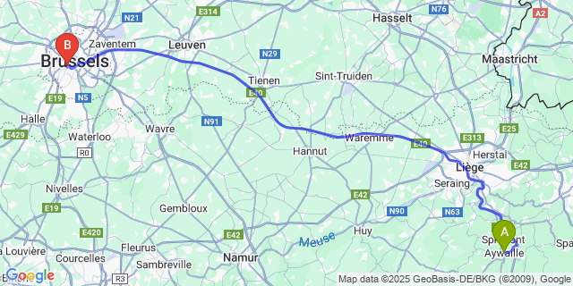 Map: Brussels Midi Train Station to Aywaille