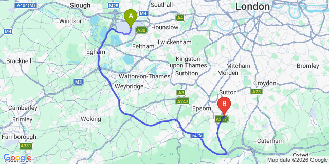 Map: London Heathrow Airport (LHR) to Banstead