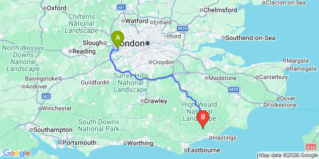 Map: London Heathrow Airport (LHR) to Battle