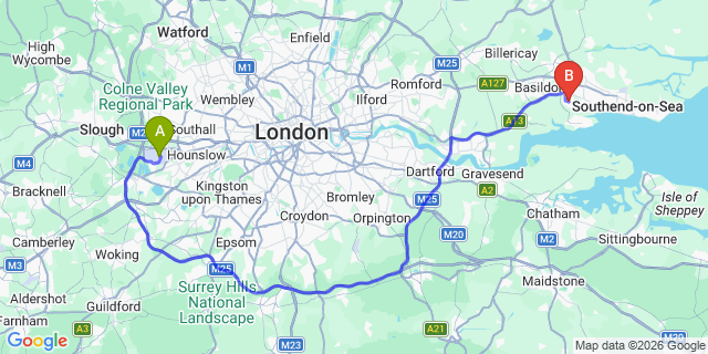 Map: London Heathrow Airport (LHR) to Benfleet