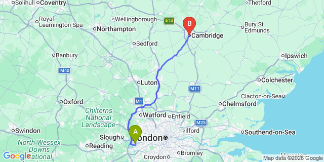 Map: London Heathrow Airport (LHR) to Cambridge