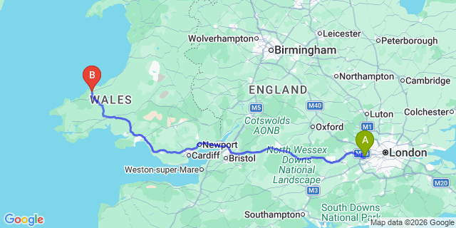 Map: London Heathrow Airport (LHR) to Cardigan