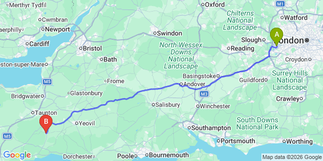Map: London Heathrow Airport (LHR) to Chard