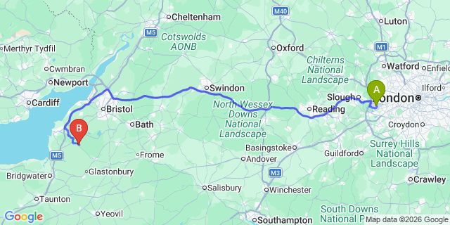 Map: London Heathrow Airport (LHR) to Cheddar