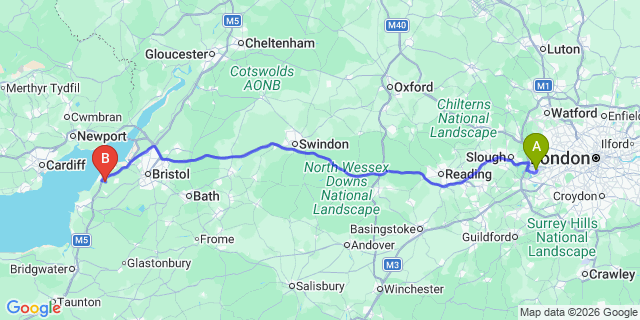 Map: London Heathrow Airport (LHR) to Clevedon