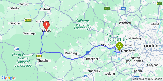 Map: London Heathrow Airport (LHR) to Didcot