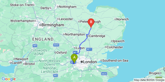 Map: London Heathrow Airport (LHR) to Ely