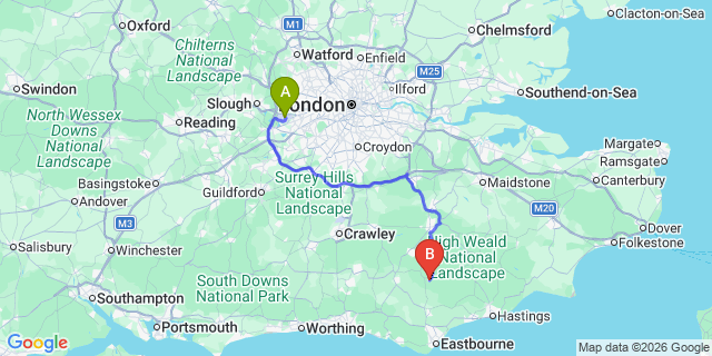 Map: London Heathrow Airport (LHR) to Heathfield