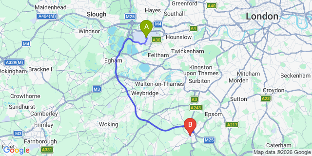 Map: London Heathrow Airport (LHR) to Leatherhead