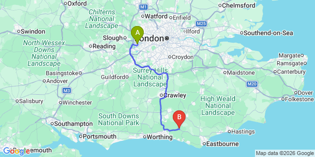 Map: London Heathrow Airport (LHR) to Lewes