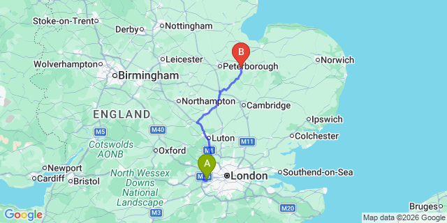 Map: London Heathrow Airport (LHR) to March