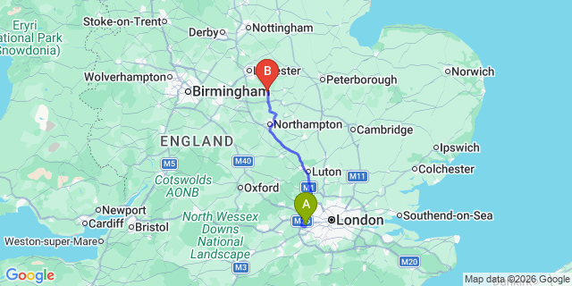 Map: London Heathrow Airport (LHR) to Market Harborough