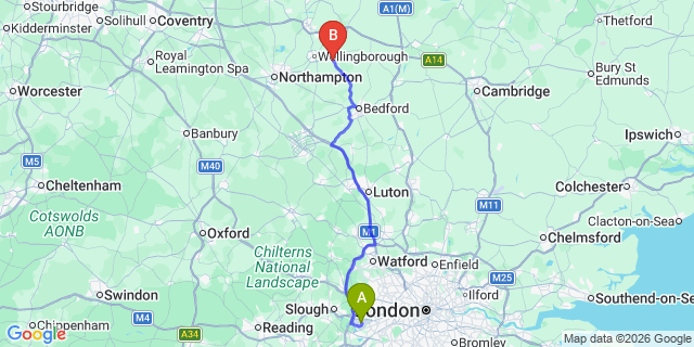 Map: London Heathrow Airport (LHR) to Rushden