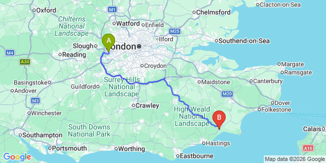 Map: London Heathrow Airport (LHR) to Rye