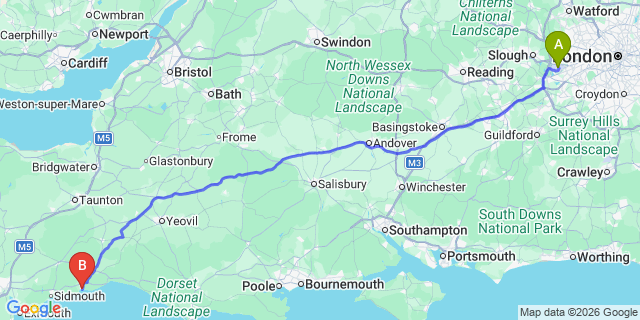 Map: London Heathrow Airport (LHR) to Seaton