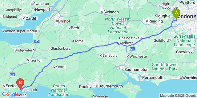 Map: London Heathrow Airport (LHR) to Sidmouth