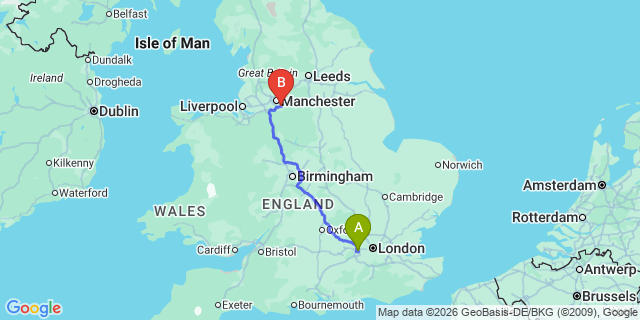 Map: London Heathrow Airport (LHR) to Stockport