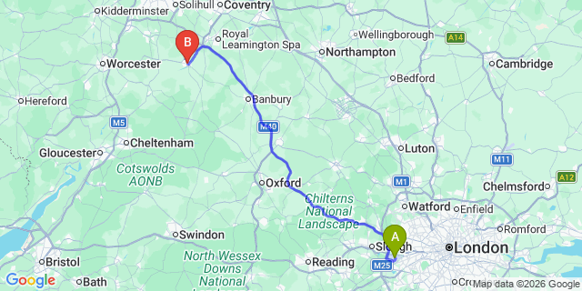 Map: London Heathrow Airport (LHR) to Stratford-Upon-Avon
