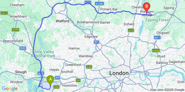 Map: London Heathrow Airport (LHR) to Waltham Abbey